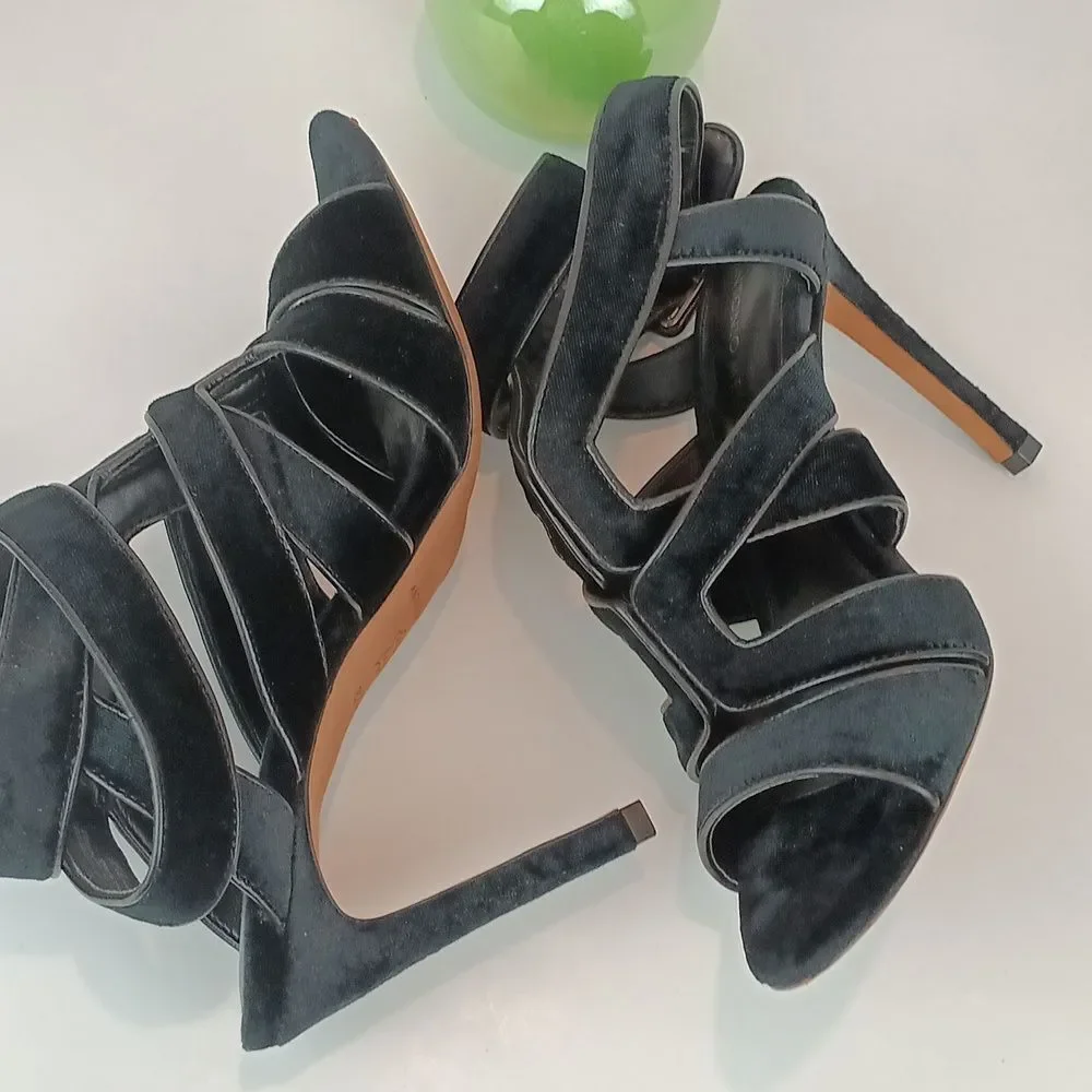 ANTONIO MELANI Aveet Women Black Strappy Velvet Open Toe Heels sx 8.5 M
